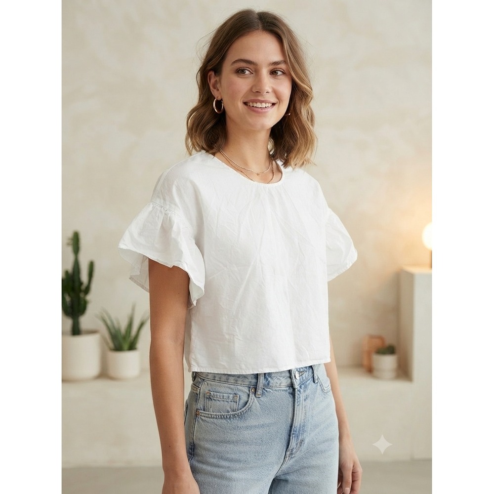 & Other Stories Blouse Women Size 6 White Paris Atelier Ruffle Sleeve Cotton Top